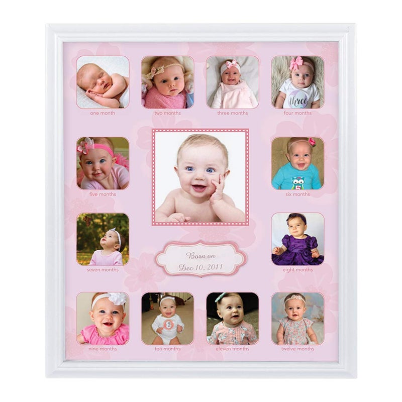 COMFECTO Collage Photo Frame for Baby First Year Keepsake, Multi Picture Frames for Baby Newborn 1st Birthday GiftMemory Home Decor size 11 x 13 x 1 inch with 13 Slots in Pink White Prime Wood - Image 1